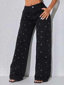 Low Waist Wide Leg Casual Black Slanted Pocket Curved Women'S Jeans - Black - View 1