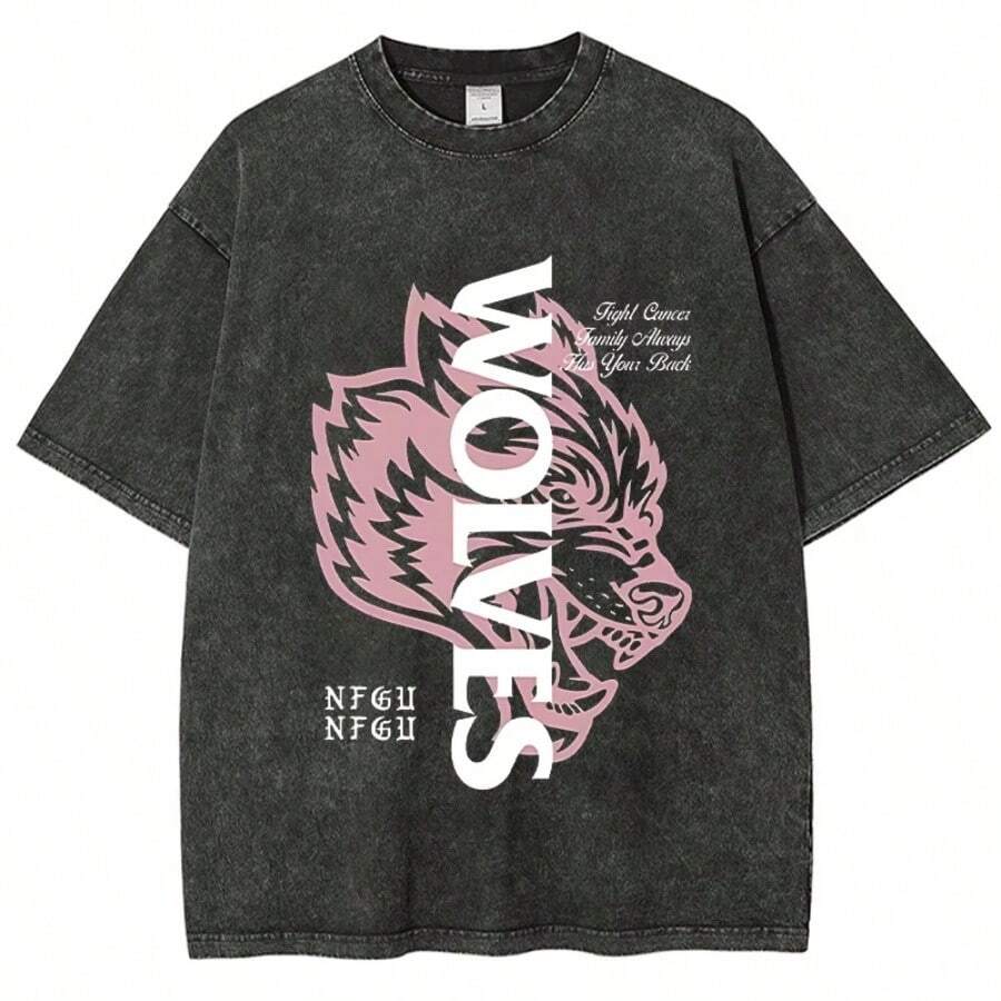 Wolves Pattern Printed Hip Hop Summer New Men Washed T-Shirt Women Fashionable Oversized Loose Cotton Round Neck Short Sleeve - 黑色 - 查看 1