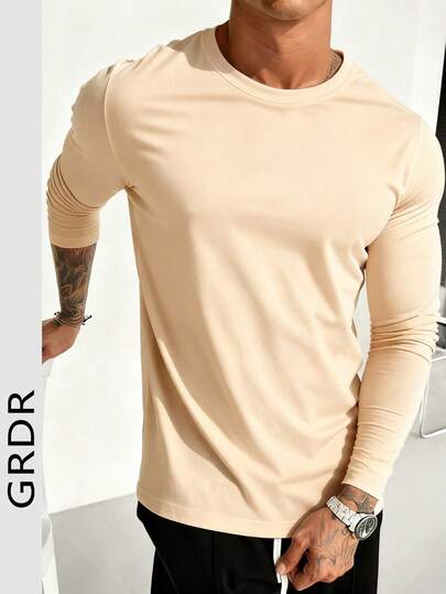  GRDR 男士休闲圆领长袖T恤，适合休闲、运动和通勤穿着。