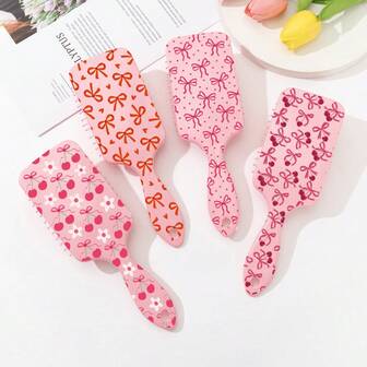 1 件装蝴蝶结梳粉色印花水果樱桃梳可爱卡通迷你气垫按摩梳发刷，家用