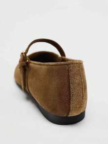 女士复古芭蕾舞鞋，舒适低跟平底鞋，系带搭扣麂皮玛丽珍平底鞋，棕色 - 棕色 - 查看 4