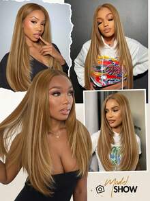Long Layered Straight Yaki Wig Middle Part No Bangs Glueless Wig Pre Cut Put On And Go High Density Heat Resistant Fiber None Lace Wig For Women Daily Life Or Party Use 26inch Long(Highlight Blonde) - Brown - View 7