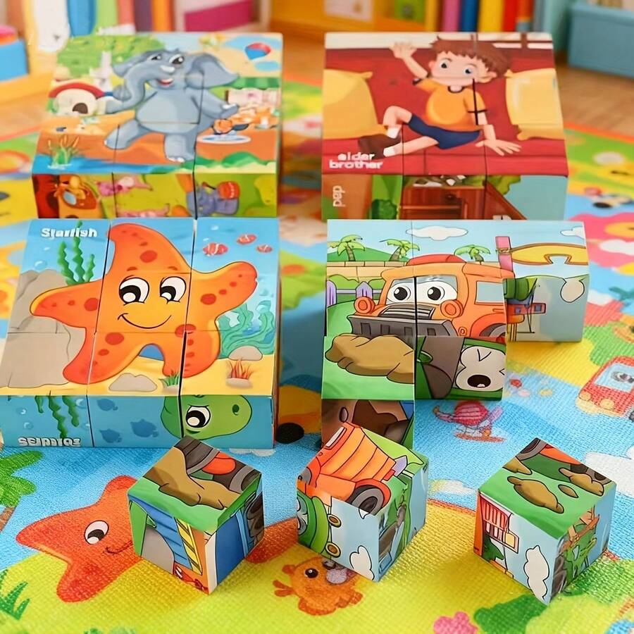 6-Sided Wooden Cube Puzzle, 9pcs Cubes With Ocean Animal Theme, Children's Educational Toy To Develop Focus, Categorization And Logical Thinking Skills, Great Gift Idea - Multicolor - View 1