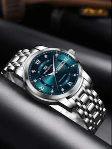 VA VA VOOM 1 件男士石英表 41 毫米经典奢华钻石日历时钟，绿色、蓝色、金色、银色、黑色不锈钢表盘，原装星期石英机芯，3 巴防水，商务风格，精美情侣表 - 藍色 - 查看 3