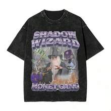 Shadow Wizard Money Gang T Shirt Hip Hop Washed Short Sleeve Harajuku T-Shirt Vintage Men Women Tops Streetwear Summer Tees - 黑色 - 查看 1