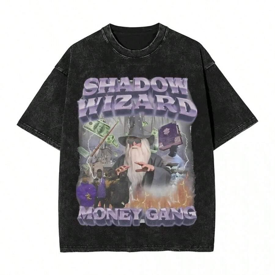 Shadow Wizard Money Gang T Shirt Hip Hop Washed Short Sleeve Harajuku T-Shirt Vintage Men Women Tops Streetwear Summer Tees - 黑色 - 查看 1