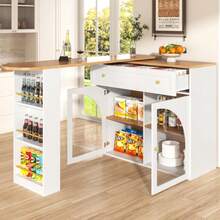 Ausziehbarer Bartisch mit Stauraum (138-204*39*104cm), 360° drehbare Essbar,Moderner Beweglicher Bar Table,Hochtisch Kücheninsel Bistro Table, Sideboardschrank mit Regalen und Glas,Schwarz - Branco - Ver 5