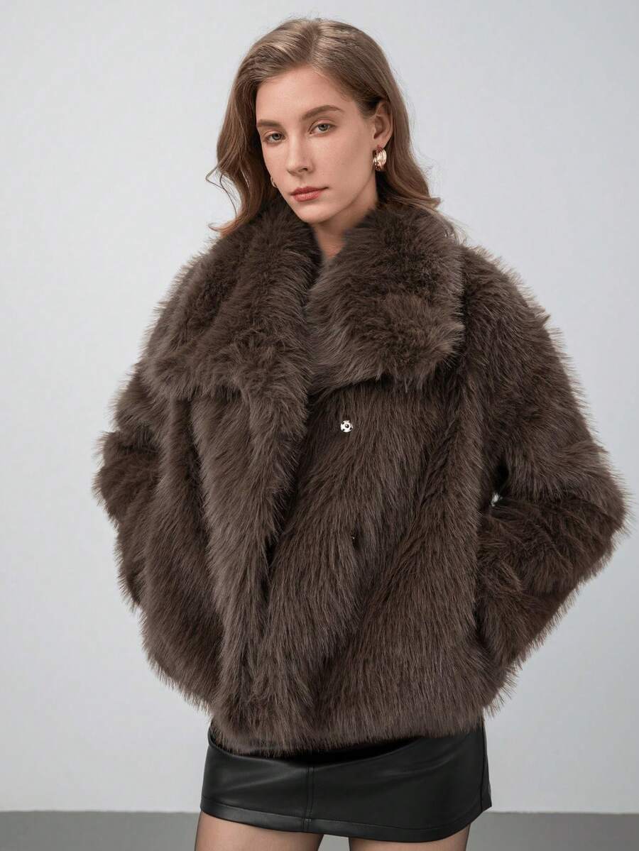 MUMRAP Winter Women Vintage Solid Warm Faux Fur Coat Casual Loose Lapel Jacket - Brown - View 1