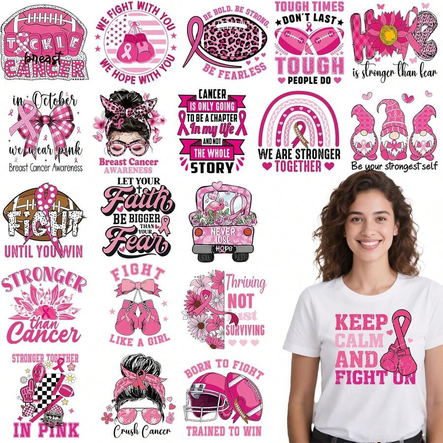 Breast Cancer Awareness Iron On Transfers - 20Pcs Falueqg Dtf Transfers Ready To Press, Football Games Pink Ribbon Breast Cancer Awareness Month Iron On Decals Patches Stickers For DIY Cheer Tshirts - 20pcs Breast Cancerf Ootball - View 1