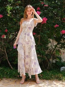 Abito da donna con spalline sottili e senza maniche, stile francese da spiaggia e vacanza, nuovo ed elegante per l'estate - Viola - Visualizzare 6
