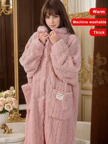 秋冬季女士法兰绒宽松加大码睡袍 - 睡衣，厚实保暖，柔软舒适，纽扣前襟，长袖，带帽，配有2个大口袋，长款睡袍家居服，浴袍，可机洗 - 彩色 - 查看 4