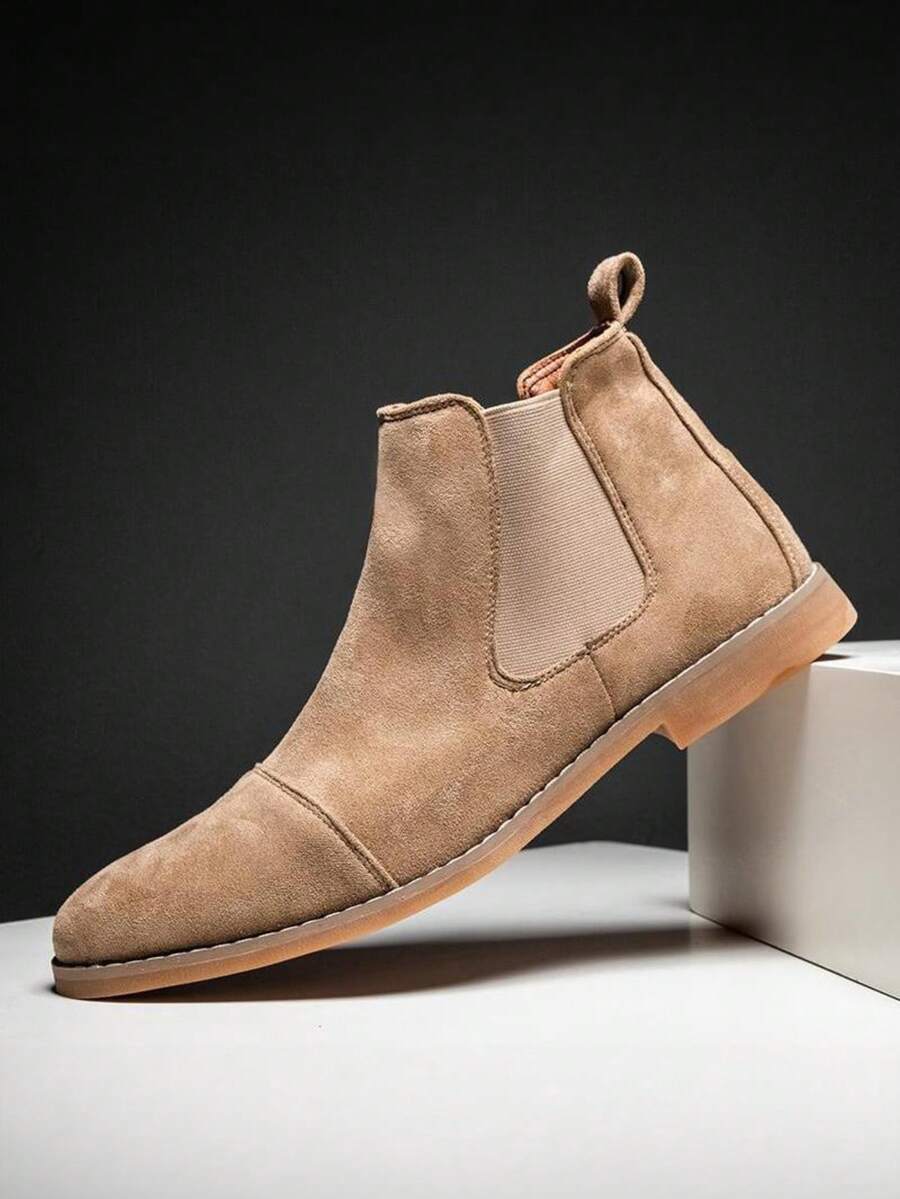 Khaki Suede Classic Chelsea Boots For Men, Minimalist & Fashionable, Comfortable Non-Slip, Slip-On Design, Retro British Style Pointed Toe Leather Boots, Essential For Autumn - Khaki - View 1