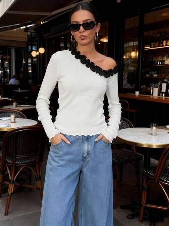 Dam Dagligen Enkel, Elegant, Sexig Färgblock Asymmetrisk halsringning Volangkant Slim Fit Långärmad Y2K Moderiktig Pullover Stickad Tröja, Vår Höst Vinter