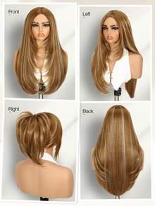 Long Layered Straight Yaki Wig Middle Part No Bangs Glueless Wig Pre Cut Put On And Go High Density Heat Resistant Fiber None Lace Wig For Women Daily Life Or Party Use 26inch Long(Highlight Blonde) - Brown - View 6