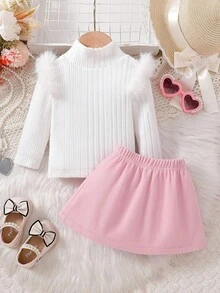 Baby Girls' Adorable Mandarin Collar Faux Fur Flare Sleeve Top Paired With Double Bow Pleated Skirt 2-Piece Set, Pink, Fashionable & Versatile, Suitable For Valentine's Day, Birthday, Casual Occasions, Autumn/Winter - Multicolor - View 3