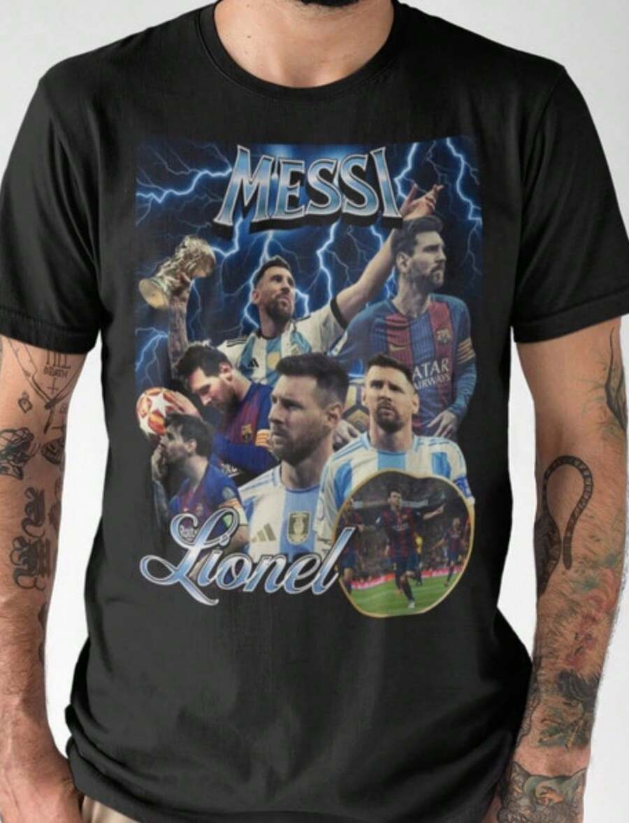 T-Shirt Bootleg Shirt 90s Vintage Argentina Graphic Tees Retro Shirt Rap Shirt Lionel M - 黑色 - 查看 1