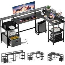 L-Shaped Reversible 76-Inch Textured Computer Desk With Filing Drawer For Home Office Or Corner Office, With Storage And Power Outlet, L-Shaped Computer Desk With Shelf - Grey - View 4