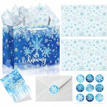 ROARING GOOD TIME RGT Large Frozen Gift Bag Snowflake Winter Birthday Favors Bags With Greeting Card Tissue Paper Frozen Snowflake Wrapping Paper Bags For Kids Birthday Gender Reveal Party Supplies - Multicolor - View 2