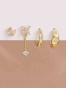 4PCS Exquisite Fashion Stainless Steel Zirconia Hoop Earrings Set For Women 18K Gold Plated Curious Crown Ear Stud Cartilage Piercing Jewelry