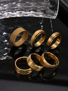 6pcs Fashionable Stainless Steel Gold Color Ring Set For Men, Including Matte Snakeskin Rotating Element, Suitable For Men's Daily Matching, Holiday, Dating, Engagement, Wedding Gifts