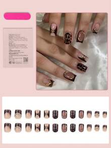 24 قطعة أظافر مربعة متوسطة للضغط عليها، بتصميم طرف فرنسي بطبعة نمر مع خطوط ذهبية، ذات تغطية كاملة عالية اللمعان، بطراز أنيق، مناسبة للنساء والفتيات للاستخدام اليومي، إكسسوارات أظافر للخريف/الشتاء