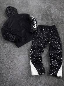 Manfinity Streetrush Men's Letter Print Long Sleeve Zip Front Hoodie And Sweatpants Casual Tracksuit Set Men Streetwear Set Men Graphic Tracksuit Men Black And White Tracksuit Zip Up Hoodie And Jogger Set Men 2 Pieces Set,Fall Clothes - 黑色 - 查看 2