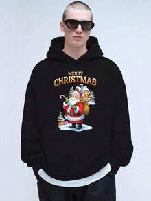 Sudadera con capucha con cordón y estampado de letras para hombre, para otoño - Negro - Ver 3