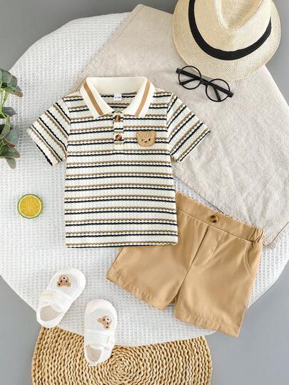 两件套男婴刺绣小熊Polo衫（带领）和舒适短裤，英伦风套装