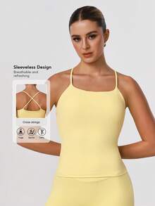 Sodalemon Women Cross Back Sleeveless Sport Training Run Padded High Support Outdoor Yoga Tank Top Summer - 黃色 - 查看 2