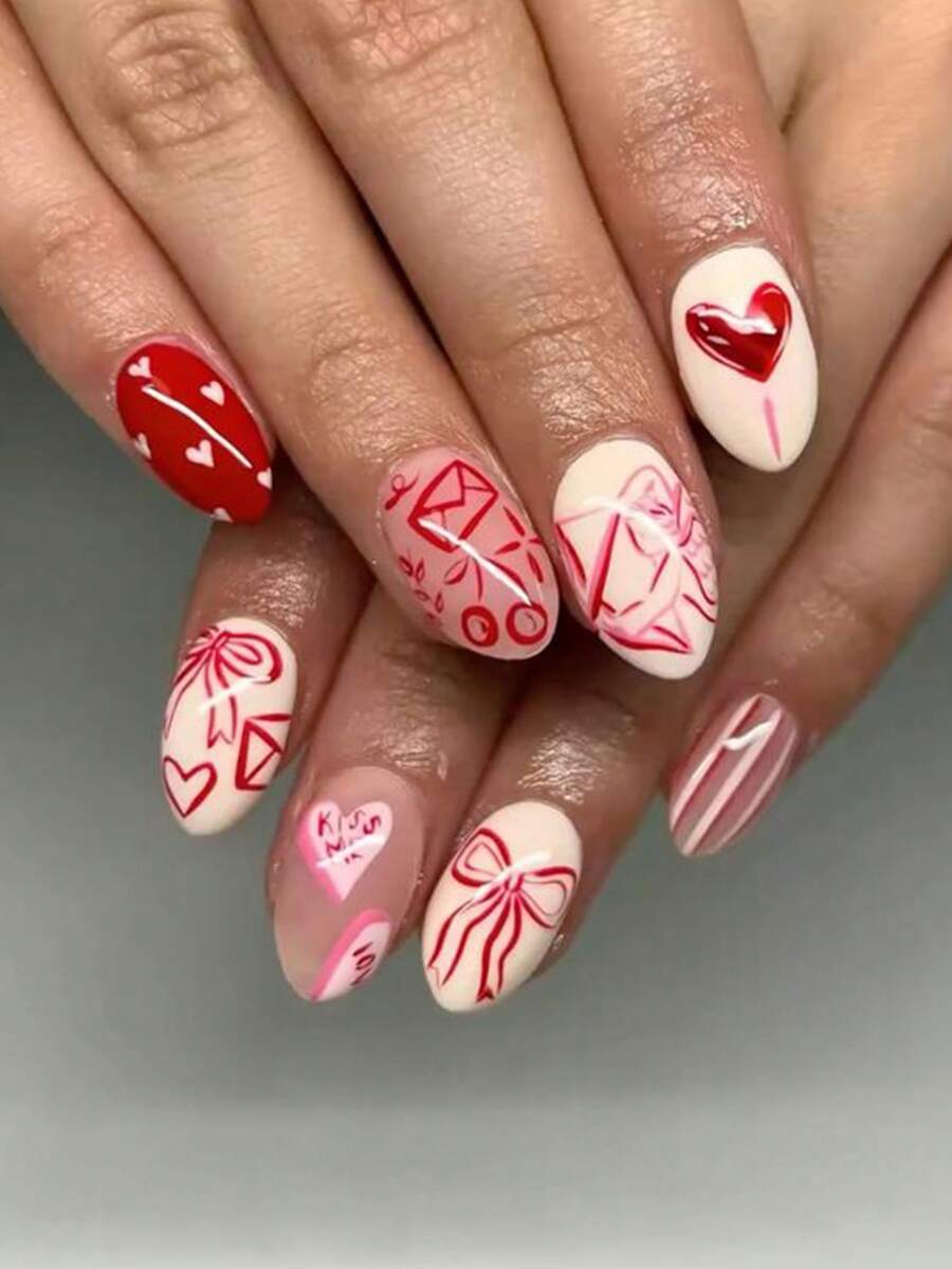 24片情人节美甲贴纸套装：椭圆形美甲贴纸，包含浪漫蝴蝶结、KISS字母、信封、樱桃条纹等多种图案。亚克力材质，适合短指甲、红色指甲等。是美甲装饰的理想之选。非常适合女性约会、派对和其他场合，提升个人魅力！