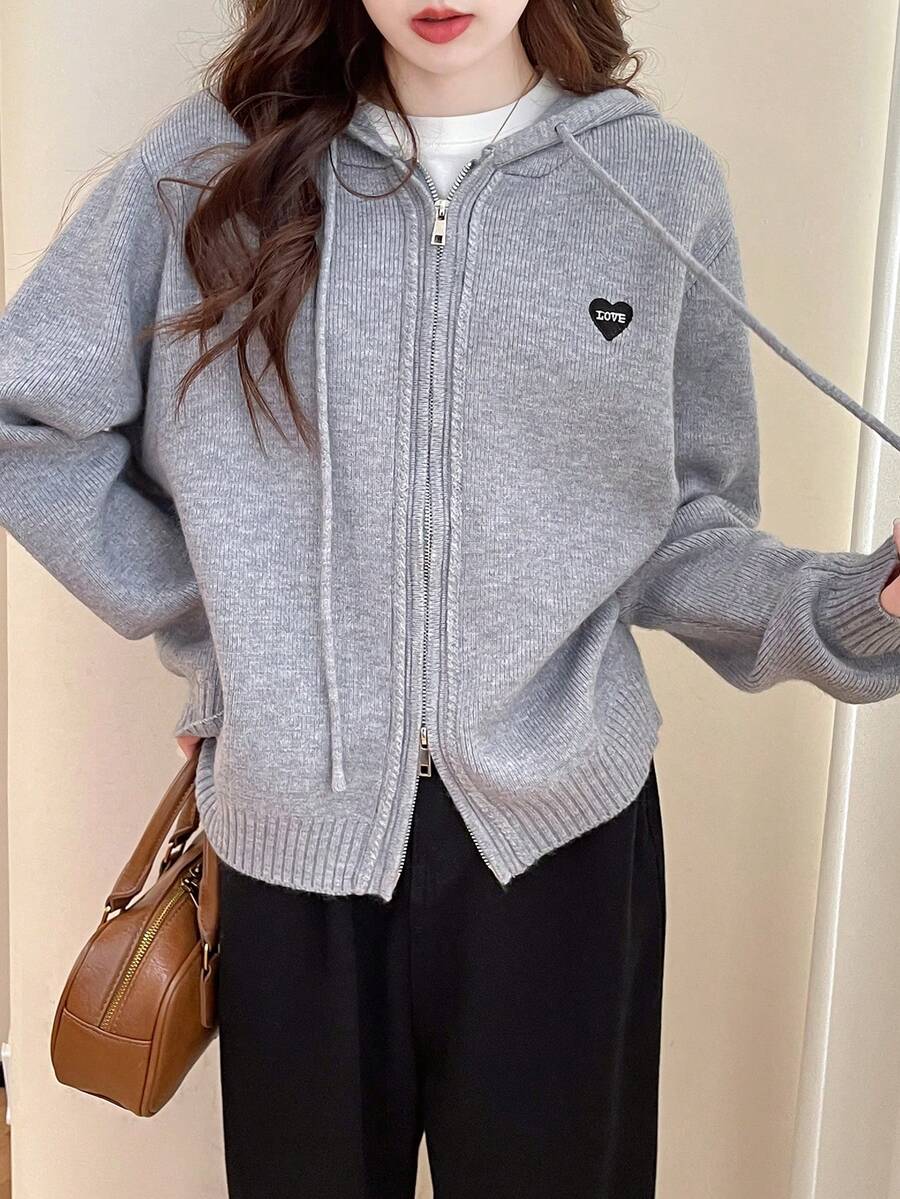 Casual Hooded Zip-Up Cardigan With Embroidery Design On Front - Grey - View 1