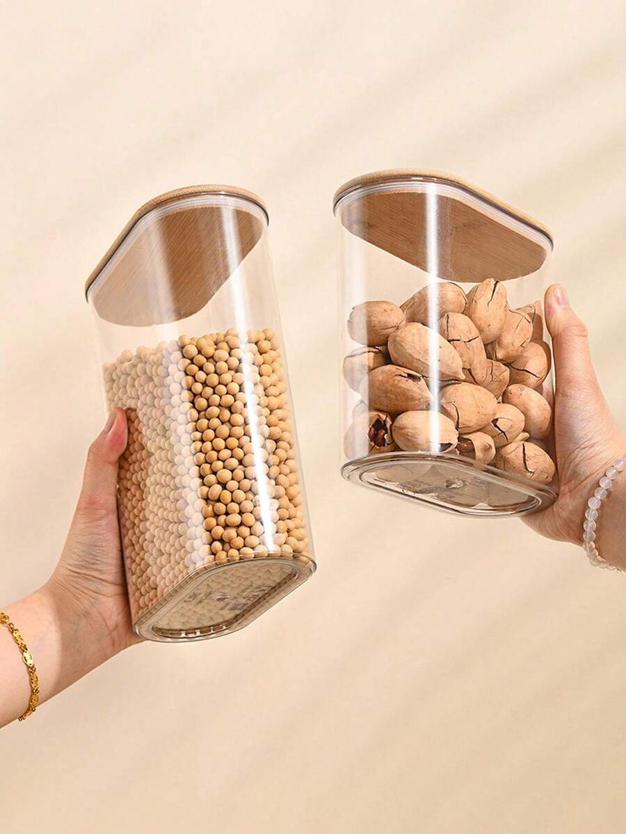 1pc Bamboo Lid Airtight Canister, Transparent Plastic Jar, Pasta Box, Cereal Container, Nuts & Snacks Storage Jar, Multi-Function Kitchen Storage Container - White - View 1
