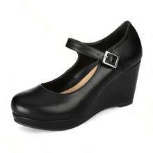 Women's Platform Wedge Pumps With Ankle Strap – Comfortable Closed Toe Dress Shoes For Work, School Uniforms, Festivals, & Special Occasions - 靜夜黑色 - 查看 6
