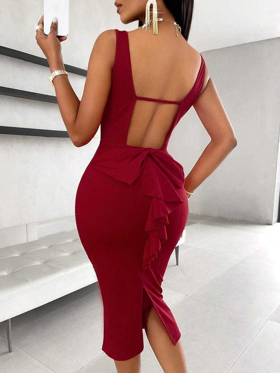 AIJ Solid Color Ruffle Trim Backless Bowknot Elegant Summer Dress For Women - View 1
