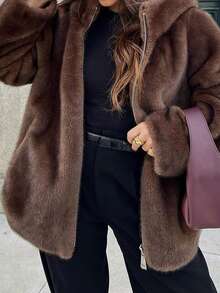 Vaiaye Women's Autumn/Winter New Christmas Edition Mid-Length Fashion Faux-Fur Coat With Thick Plush Collar & Lining – Fluffy Warm Outerwear - Brown - View 5