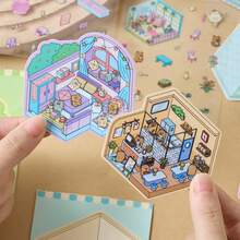 1pc Cute Theme Mini Landscape Sticker Book, Gentle Melody Series, Portable Landscape Sticker Book, DIY Your Own Little House - Multicolor - View 5