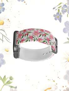 白色底粉色百合花图案，1条柔软弹力透气舒适腕带，适用于 38mm 40mm 41mm 45mm 44mm 42mm 49mm，花卉图案，日常时尚休闲多色硅胶表带，兼容 Ultra系列S11/S10/SE/9/8/7/6/5/4/3/2/1智能手表配件 - 彩色 - 查看 5