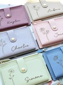 Personalized Women's Genuine Leather Wallet, Customizable With Birthday Floral Pattern And Name, Mother's Day Gift, Bridesmaid Gift, Christmas Gift, Valentine's Day Gift, Personalized Women's Folding Wallet, Women's Party Gift, Bridesmaid Gift, Holiday Gift