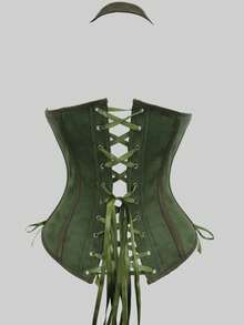 1pc Women's Halter Neck PU Leather Waist Cincher Punk Style Leather Corset Top, Waist Slimming - Army Green - View 3