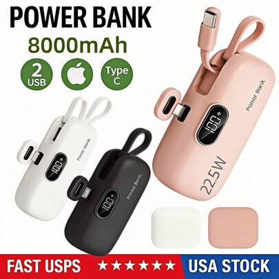 8000mAh Mini Portable Charger – Fast Charging Power Bank With USB-C Input/Output, LCD Power Display, Ultra-Slim Pocket Battery Pack Compatible With IPhone 17/16/15/14 Series & Android | Lightweight Travel Backup External Battery Suitable For Office, Dorm, And Home Office Dorm Home Wireless Charger Phone Charger Wireless