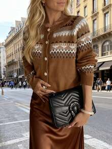 女式几何图案长袖单排扣休闲针织开衫，秋冬 - 棕色 - 查看 2