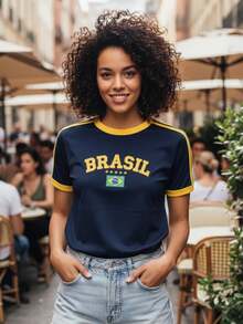 Women's Embroidered Brazil Shirt – Regular Fit, Casual Look, No River - Navy Blue - View 1