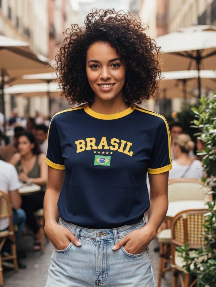 Women's Embroidered Brazil Shirt – Regular Fit, Casual Look, No River - Navy Blue - View 1