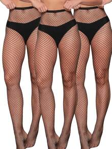Set Of 3 Women's High-Waisted Fishnet Stockings, Medium Weave, Sensual, Nightwear, Party, Lingerie - màu đen - Xem 1