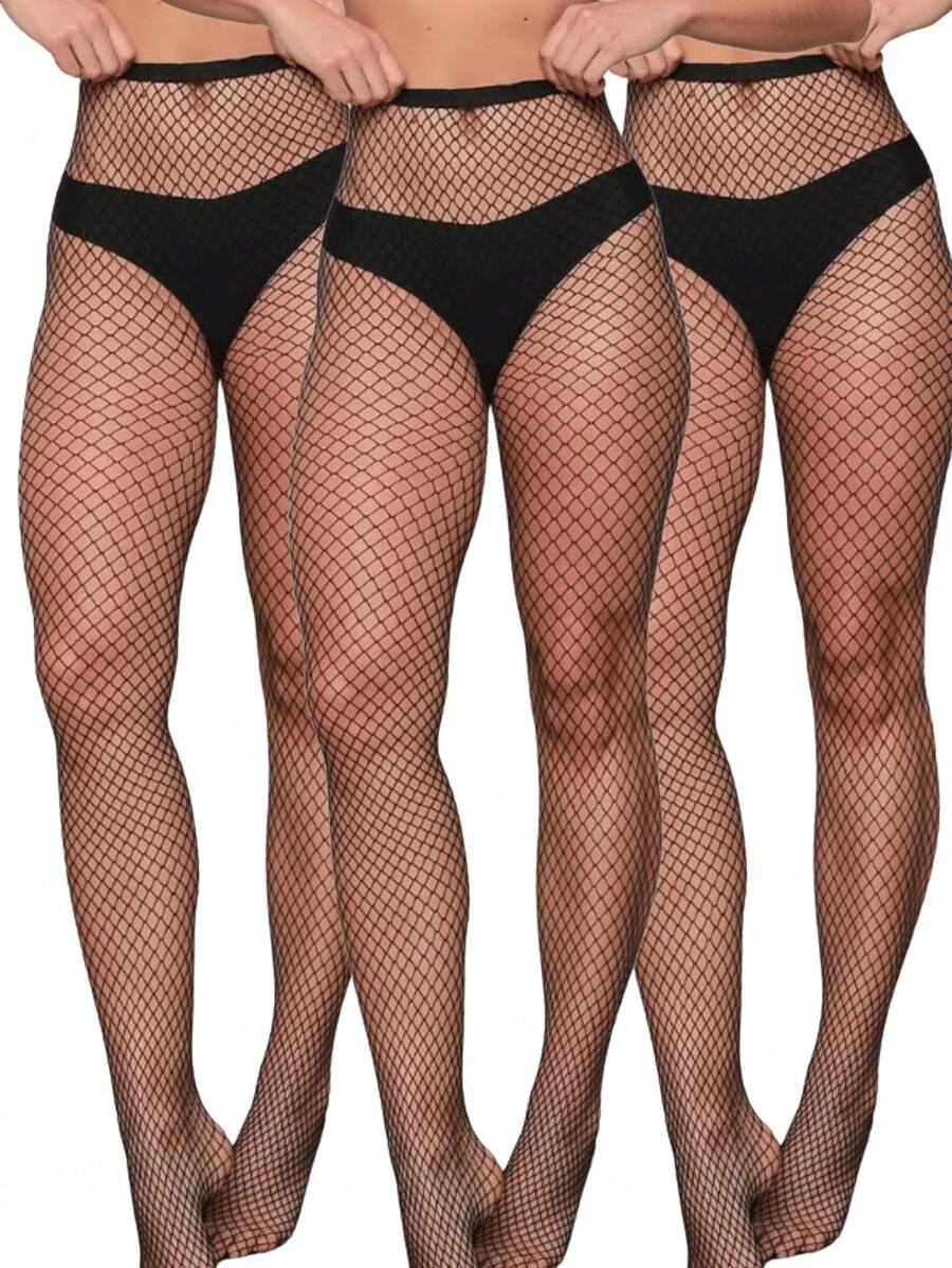 Set Of 3 Women's High-Waisted Fishnet Stockings, Medium Weave, Sensual, Nightwear, Party, Lingerie - màu đen - Xem 1