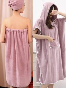 2 piezas Conjunto de toalla de baño con decoración de moño, conjunto de bata de baño simple para baño, boda, hogar, baño, volver al colegio - Morado - Ver 8