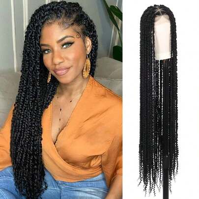 46-Inch Springy Twist Braided Wig, Women's Full Double-Layer Lace Triangle Cornrow Wig With Baby Hair, Synthetic Lace Front Braided Wig, Bohemian Wavy Ends, Suitable For Daily Wear