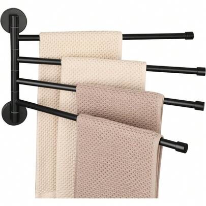 Swivel Towel Rail Black Wall Mounted, Rotate Left And Right 4 Arms Towel Rack, SUS304 Stainless Steel Towel Holders For Bathrooms, Bedrooms, Living Rooms, Balconies Towel Bar Size:385*238MM