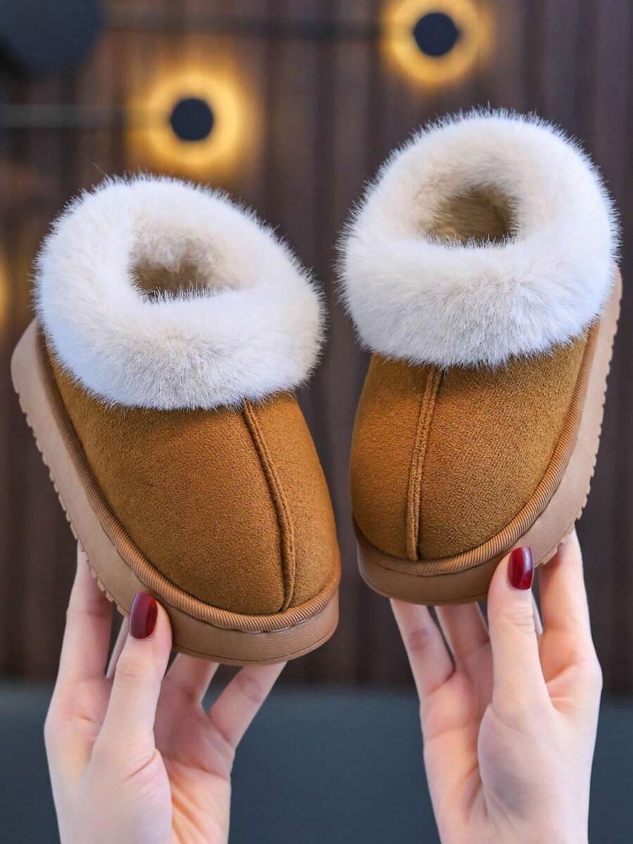 Kids Slip-On Slippers, 2025 Autumn/Winter New, Kids, Indoor/Outdoor, Furry Trim, Patchwork, Simple & Elegant, Soft Bottom, Comfortable