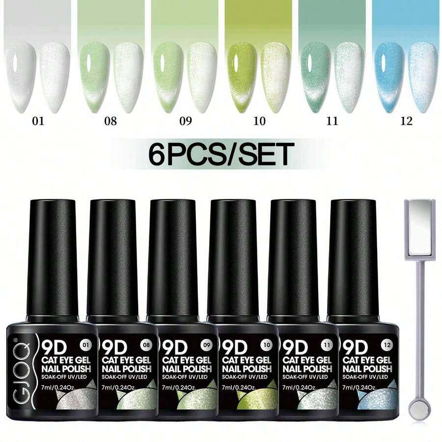 GJOQ 6PCS Cat Eye Gel Nail Polish 7ml 0.24 Ounce Latest Version Luminous Color Changing Suitable For LED Lamp Curing Free Magnet Stick Tear Resistant Smooth Shiny Bright 28 Days No Peeling Perfect For Home Parties Dances Must Have  Shiny Gold Color Ideal Gift For Christmas New Year To Family - 貓眼02 - 查看 1